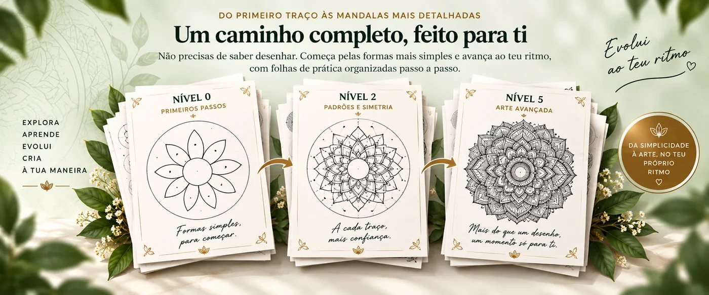 Um caminho completo, feito para ti — do primeiro traço às mandalas mais detalhadas: folhas do Nível 0 com formas simples, Nível 2 com padrões e simetria e Nível 5 com arte avançada
